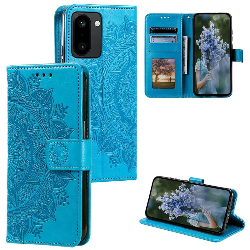For OnePlus 15R 5G Stand Case Imprinted Totem PU Leather Wallet Phone Cover with Wrist Strap - Blue