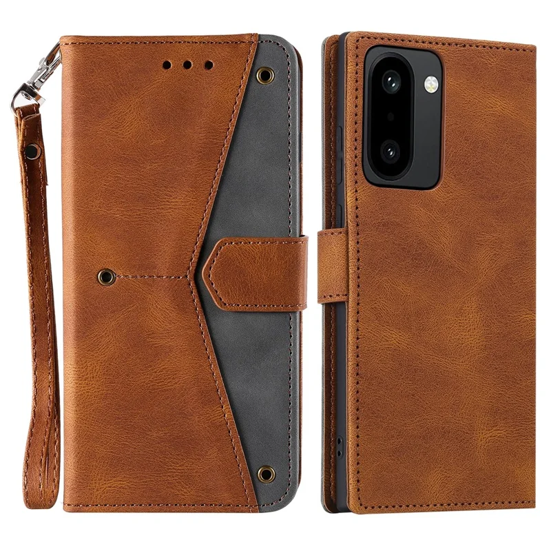 For OnePlus 15R 5G Leather Case Splicing Stitching Wallet Phone Cover with Wrist Strap - Brown