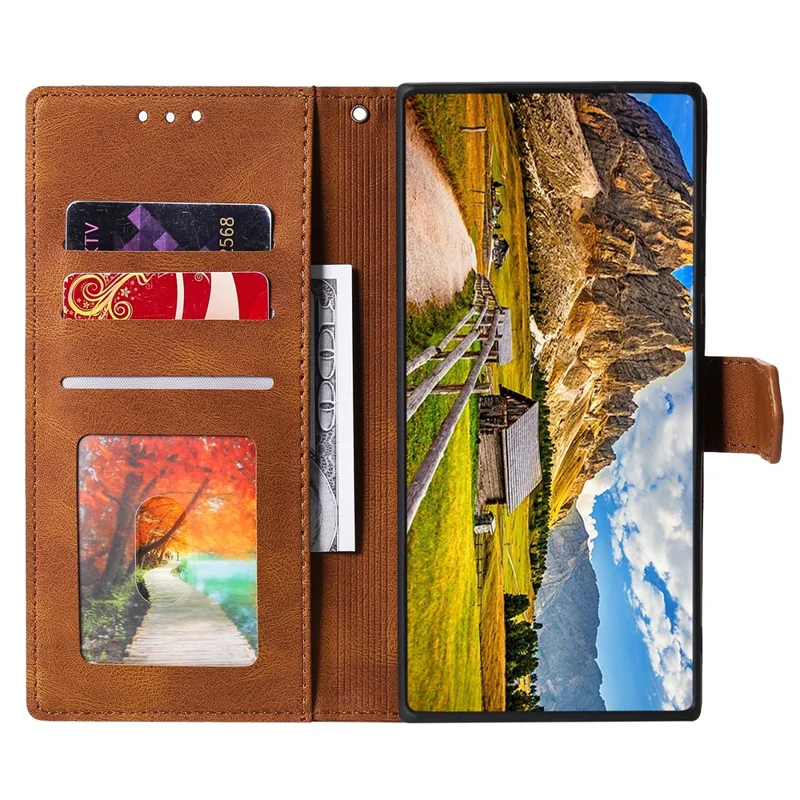 For OnePlus 15R 5G Leather Case Splicing Stitching Wallet Phone Cover with Wrist Strap - Brown