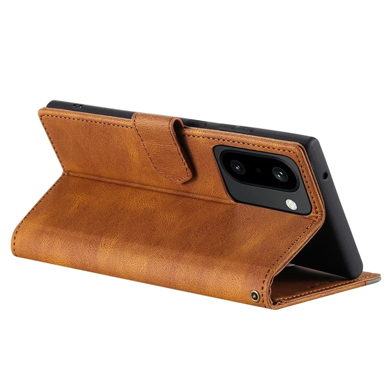 For OnePlus 15R 5G Leather Case Splicing Stitching Wallet Phone Cover with Wrist Strap - Brown