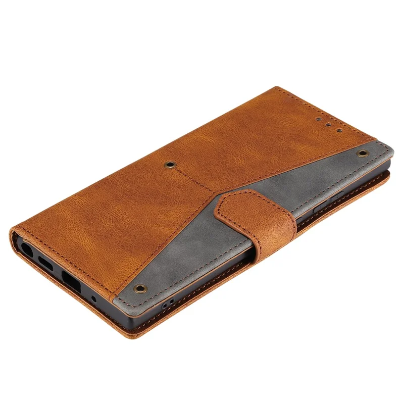 For OnePlus 15R 5G Leather Case Splicing Stitching Wallet Phone Cover with Wrist Strap - Brown