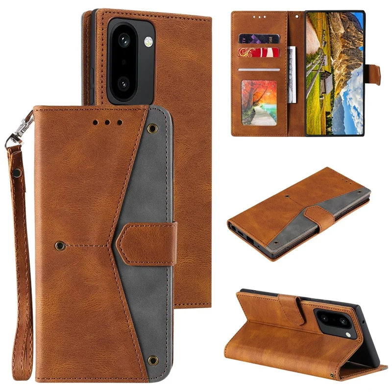 For OnePlus 15R 5G Leather Case Splicing Stitching Wallet Phone Cover with Wrist Strap - Brown