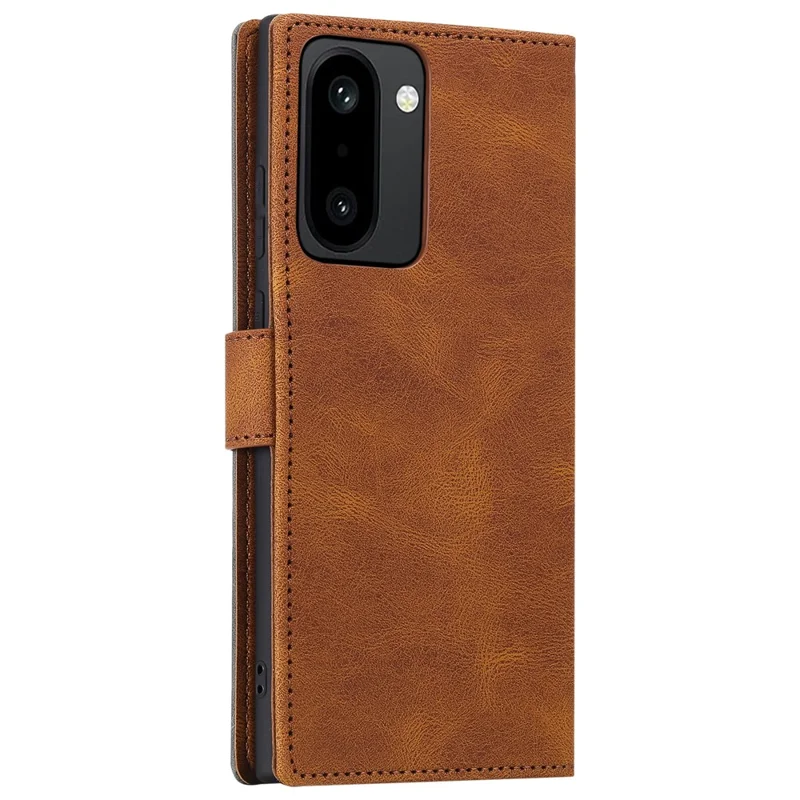 For OnePlus 15R 5G Leather Case Splicing Stitching Wallet Phone Cover with Wrist Strap - Brown