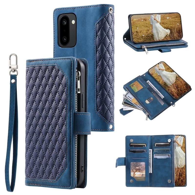 For OnePlus 15R 5G Wallet Case Rhombus Stitching Line PU Leather Phone Cover with Wrist Strap - Blue