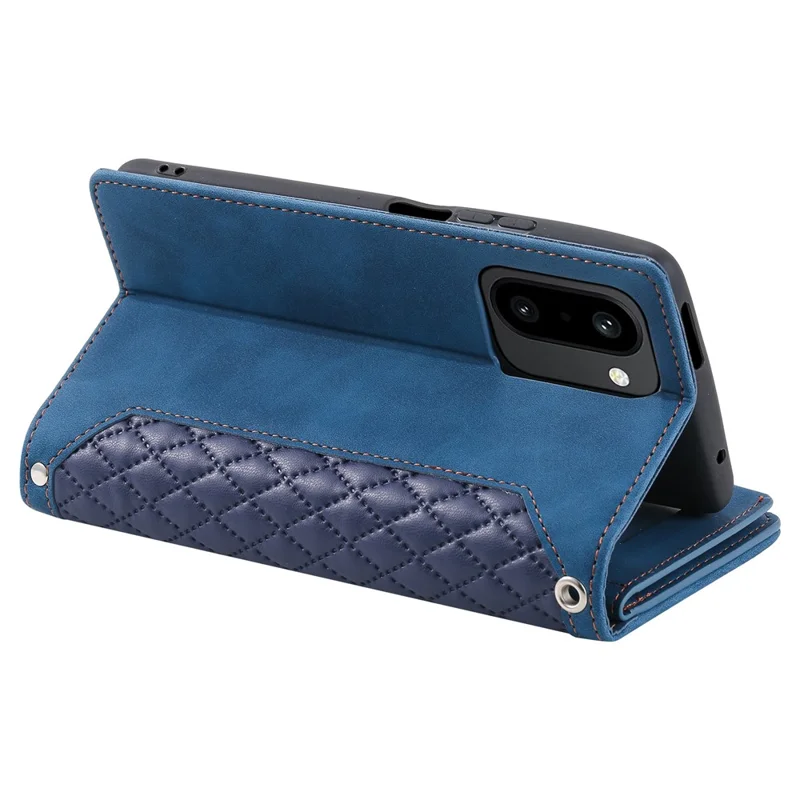 For OnePlus 15R 5G Wallet Case Rhombus Stitching Line PU Leather Phone Cover with Wrist Strap - Blue