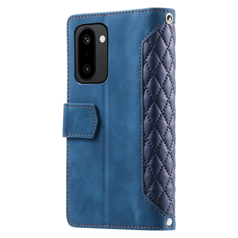 For OnePlus 15R 5G Wallet Case Rhombus Stitching Line PU Leather Phone Cover with Wrist Strap - Blue