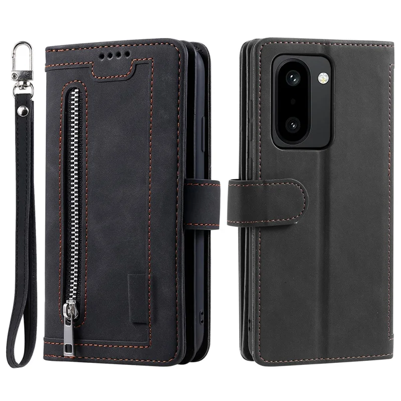 For OnePlus 15R 5G Case 9 Card Slots Zipper Wallet PU Leather Phone Cover with Wrist Strap - Black