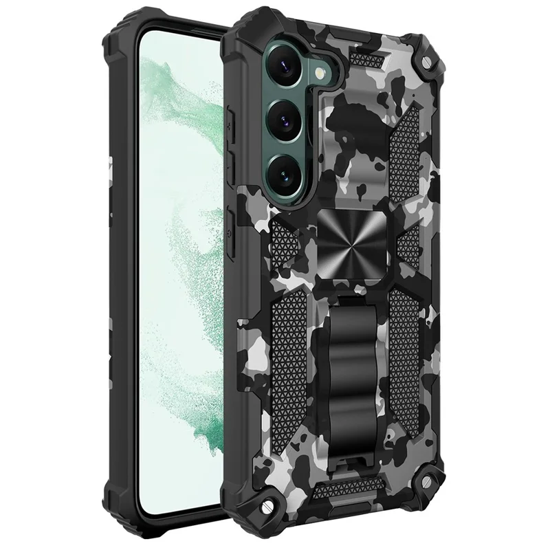 For Samsung Galaxy S23 Reinforced Corners Shockproof Kickstand Phone Case Camouflage Design PC + TPU Hybrid Cover - Camouflage Black