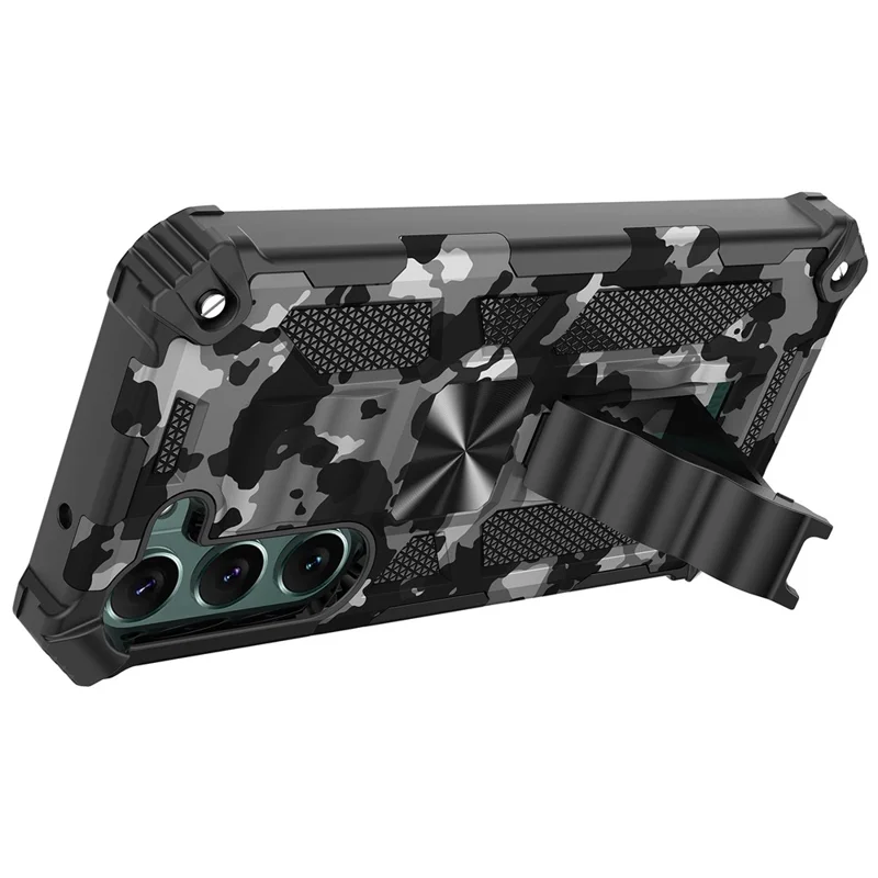 For Samsung Galaxy S23 Reinforced Corners Shockproof Kickstand Phone Case Camouflage Design PC + TPU Hybrid Cover - Camouflage Black