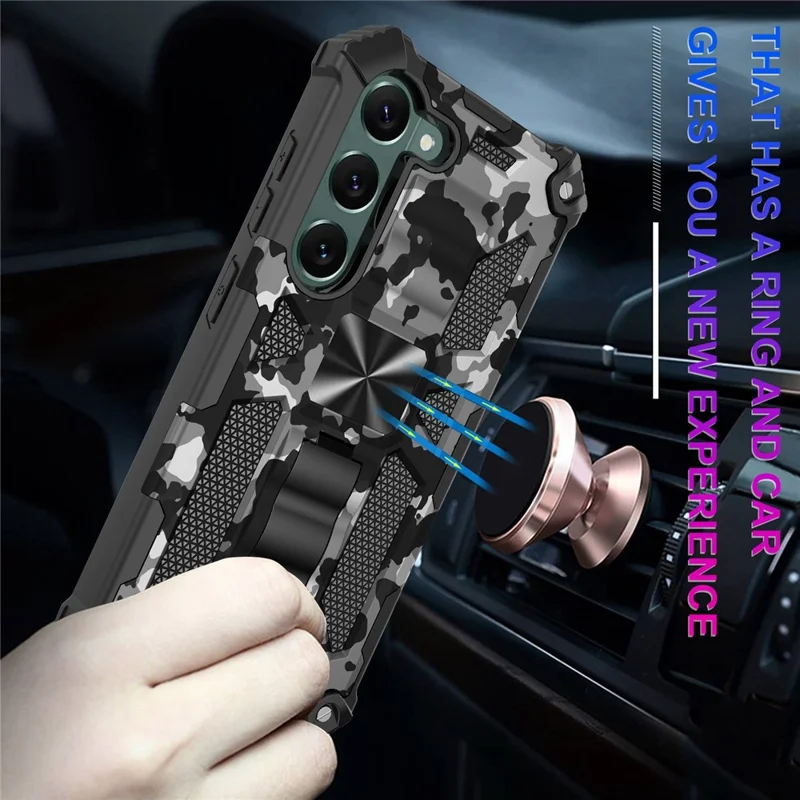 For Samsung Galaxy S23 Reinforced Corners Shockproof Kickstand Phone Case Camouflage Design PC + TPU Hybrid Cover - Camouflage Black