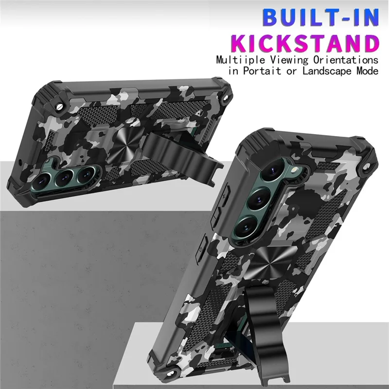 For Samsung Galaxy S23 Reinforced Corners Shockproof Kickstand Phone Case Camouflage Design PC + TPU Hybrid Cover - Camouflage Black