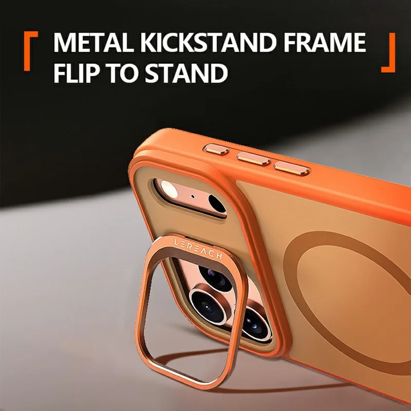 LEREACH Le-Luser Series For iPhone 17 Pro Case Compatible with MagSafe Metal Lens Kickstand TPU PC Phone Cover - Orange