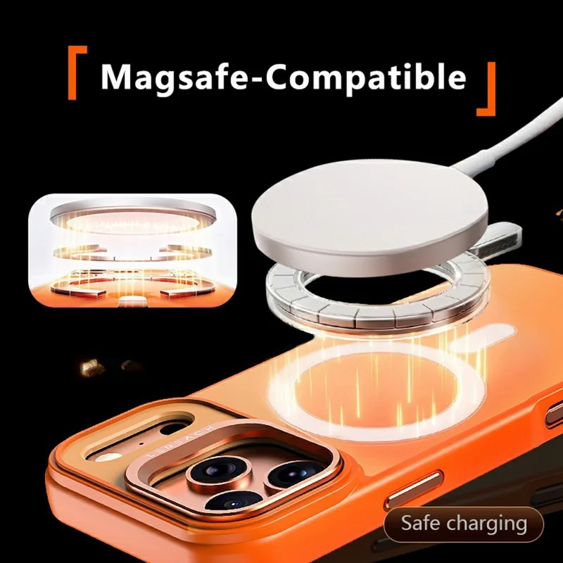 LEREACH Le-Luser Series For iPhone 17 Pro Case Compatible with MagSafe Metal Lens Kickstand TPU PC Phone Cover - Orange