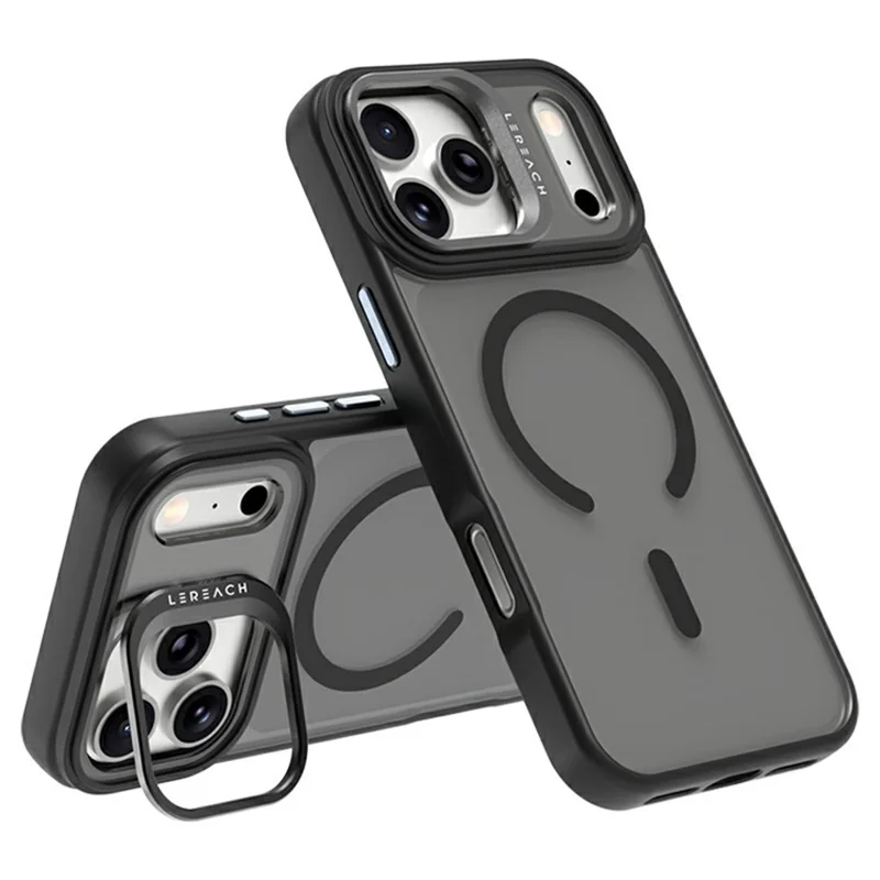 LEREACH Le-Luser Series For iPhone 17 Pro Case Compatible with MagSafe Metal Lens Kickstand TPU PC Phone Cover - Black