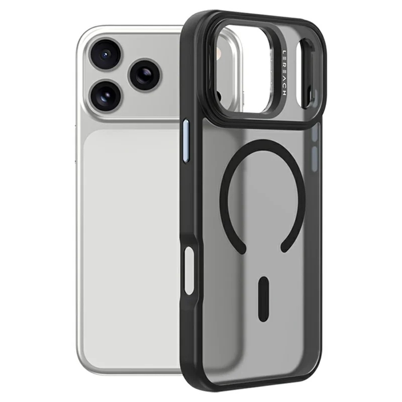 LEREACH Le-Luser Series For iPhone 17 Pro Case Compatible with MagSafe Metal Lens Kickstand TPU PC Phone Cover - Black