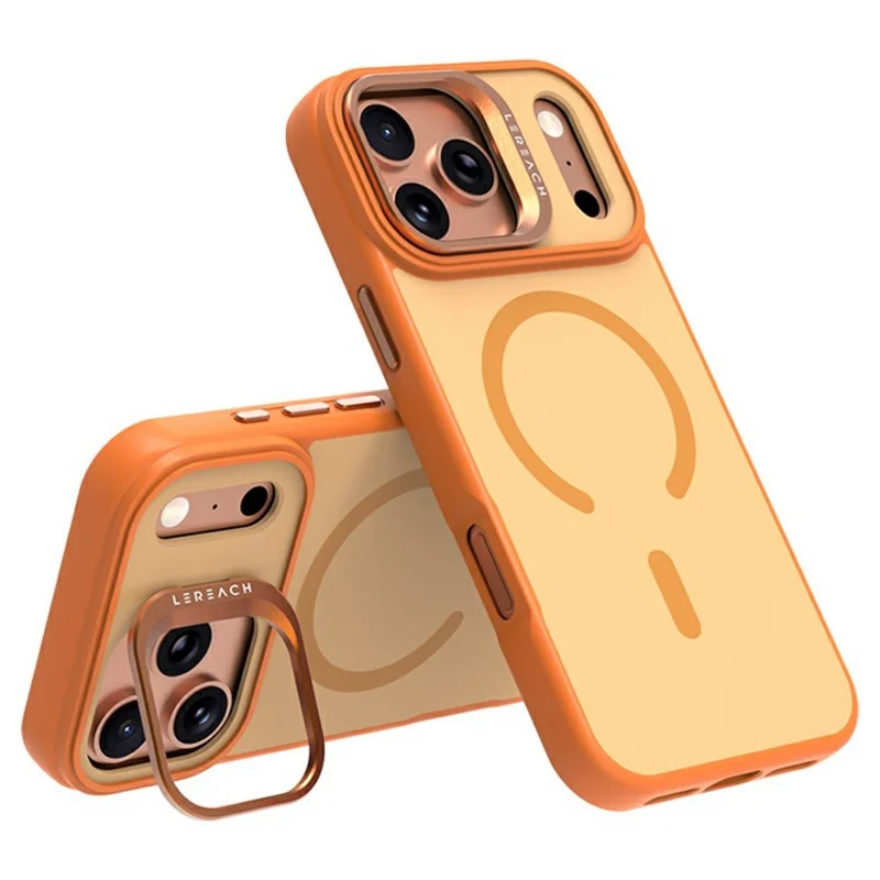 LEREACH Le-Luser Serie til iPhone 17 Pro Max Case Kompatibel med MagSafe Metal Linse Støtteben TPU PC Telefondæksel - Orange