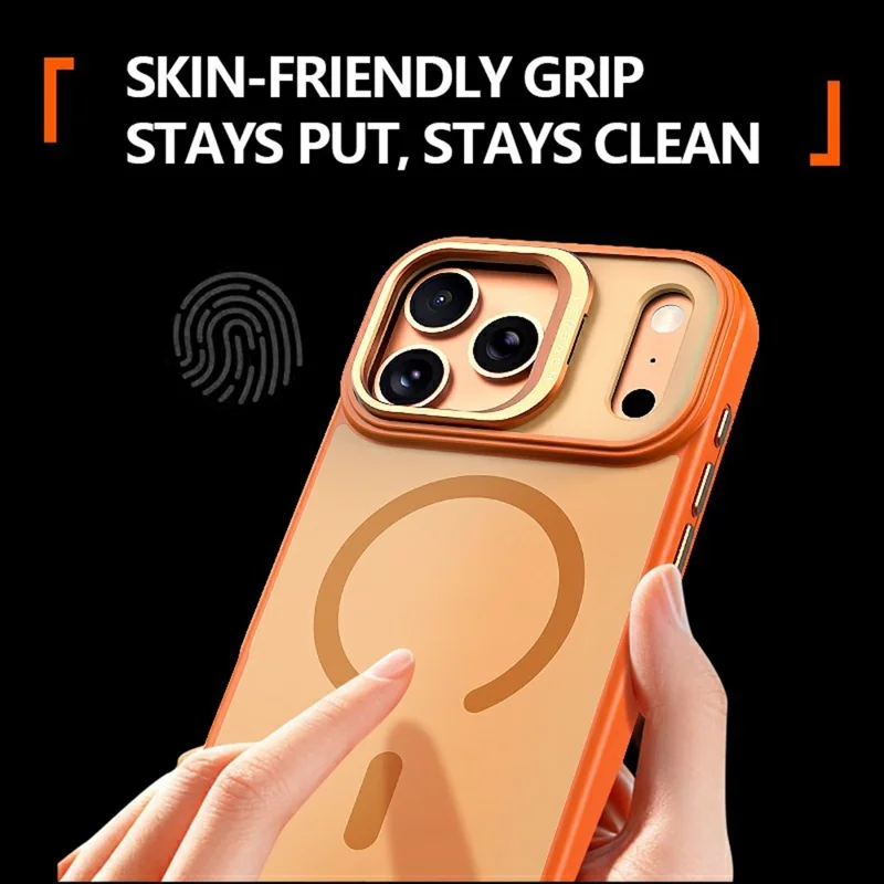 LEREACH Le-Luser Serie til iPhone 17 Pro Max Case Kompatibel med MagSafe Metal Linse Støtteben TPU PC Telefondæksel - Orange