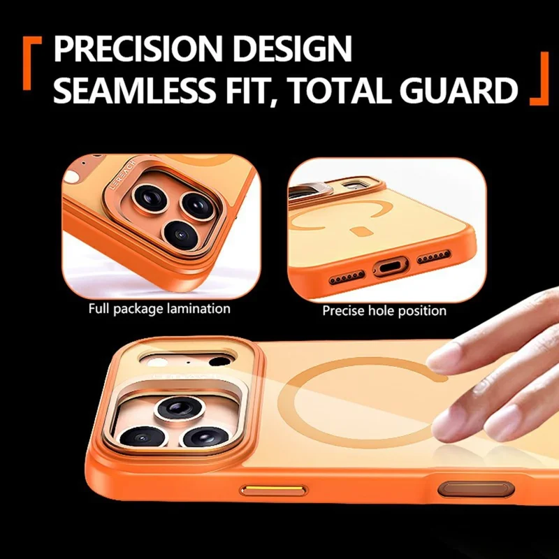 LEREACH Le-Luser Serie til iPhone 17 Pro Max Case Kompatibel med MagSafe Metal Linse Støtteben TPU PC Telefondæksel - Orange