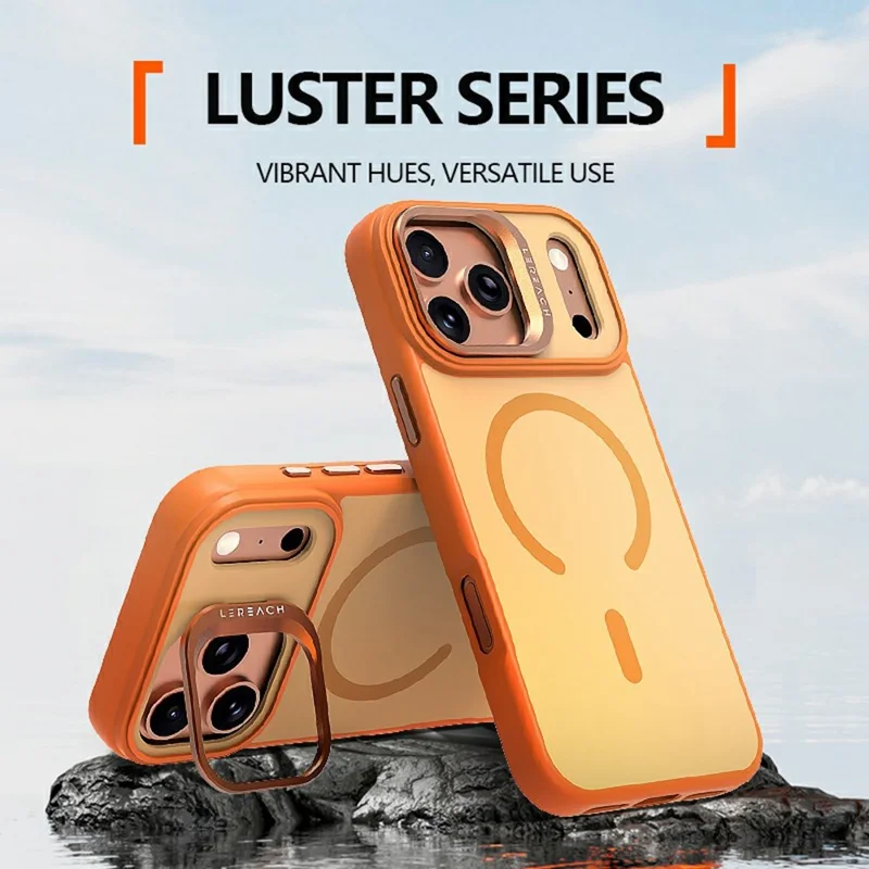 LEREACH Le-Luser Serie til iPhone 17 Pro Max Case Kompatibel med MagSafe Metal Linse Støtteben TPU PC Telefondæksel - Orange