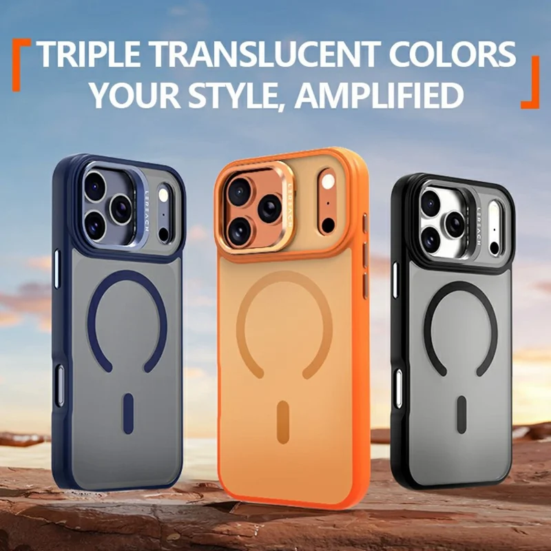LEREACH Le-Luser Serie til iPhone 17 Pro Max Case Kompatibel med MagSafe Metal Linse Støtteben TPU PC Telefondæksel - Orange