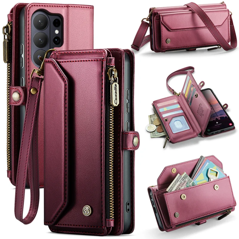CASEME For Samsung Galaxy S26 Ultra Leather Case C36 Zipper 10 Card Slots Phone Cover with Straps - Red - 1