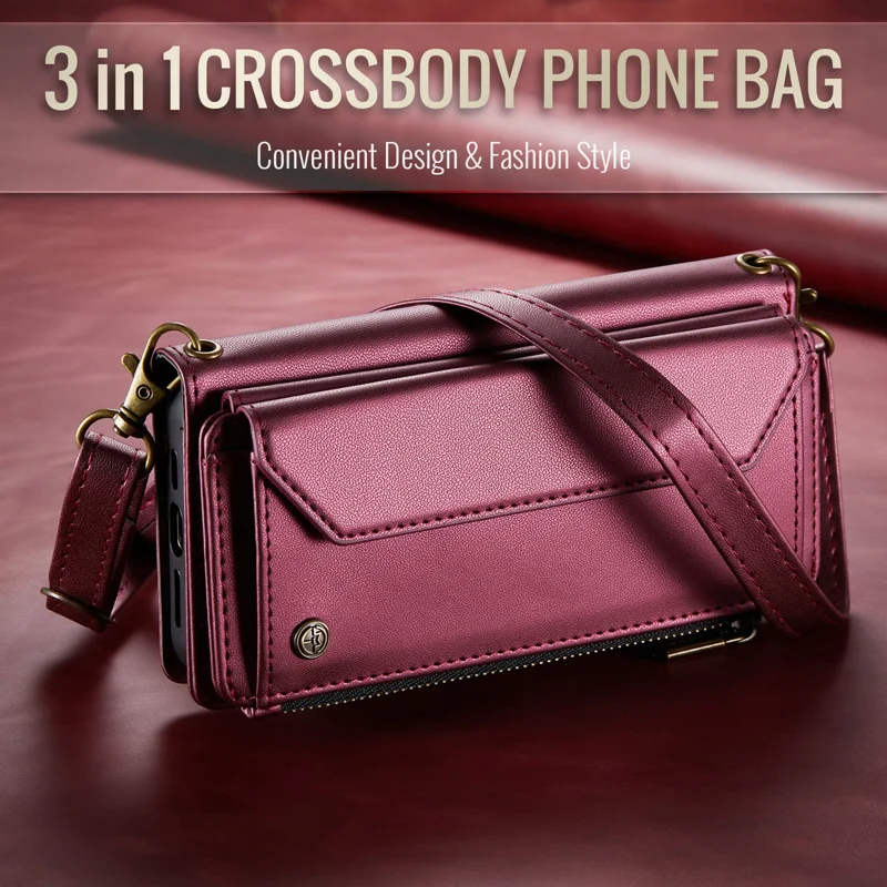 CASEME For Samsung Galaxy S26 Ultra Leather Case C36 Zipper 10 Card Slots Phone Cover with Straps - Red - 11