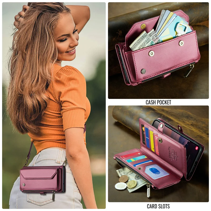 CASEME For Samsung Galaxy S26 Ultra Leather Case C36 Zipper 10 Card Slots Phone Cover with Straps - Red - 12