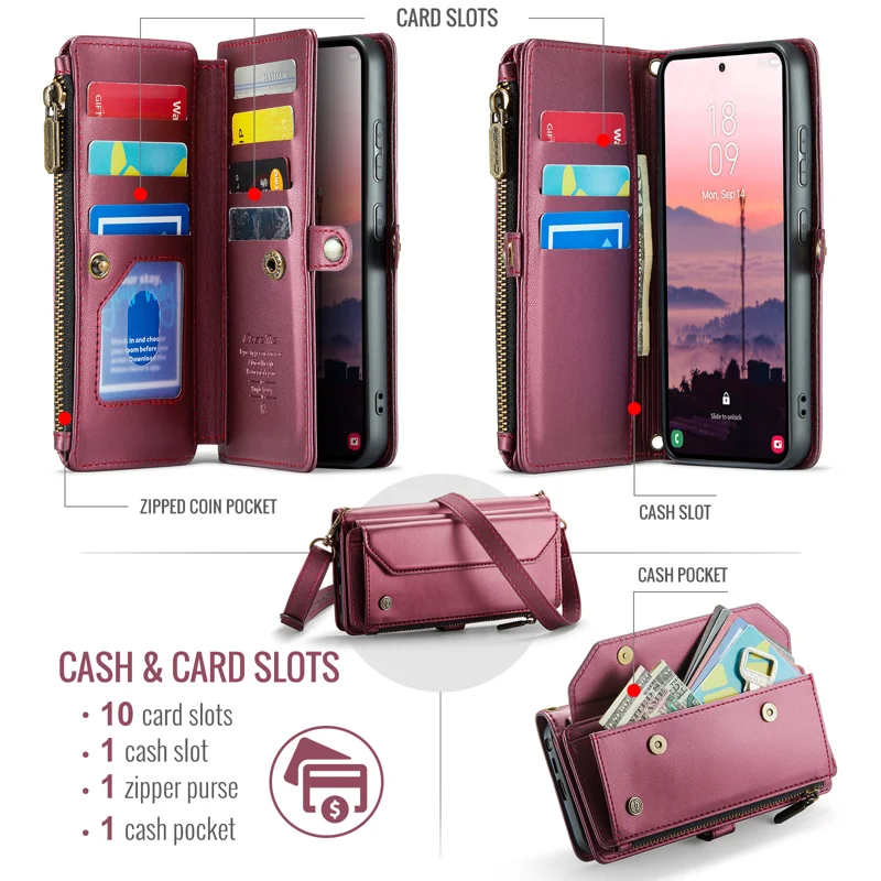 CASEME For Samsung Galaxy S26 Ultra Leather Case C36 Zipper 10 Card Slots Phone Cover with Straps - Red - 2