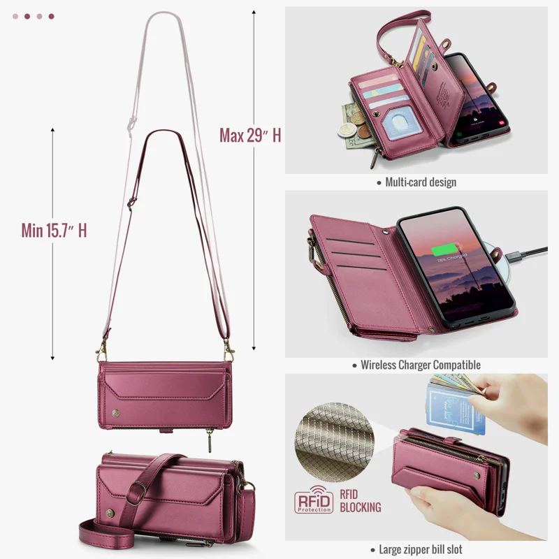 CASEME For Samsung Galaxy S26 Ultra Leather Case C36 Zipper 10 Card Slots Phone Cover with Straps - Red - 3