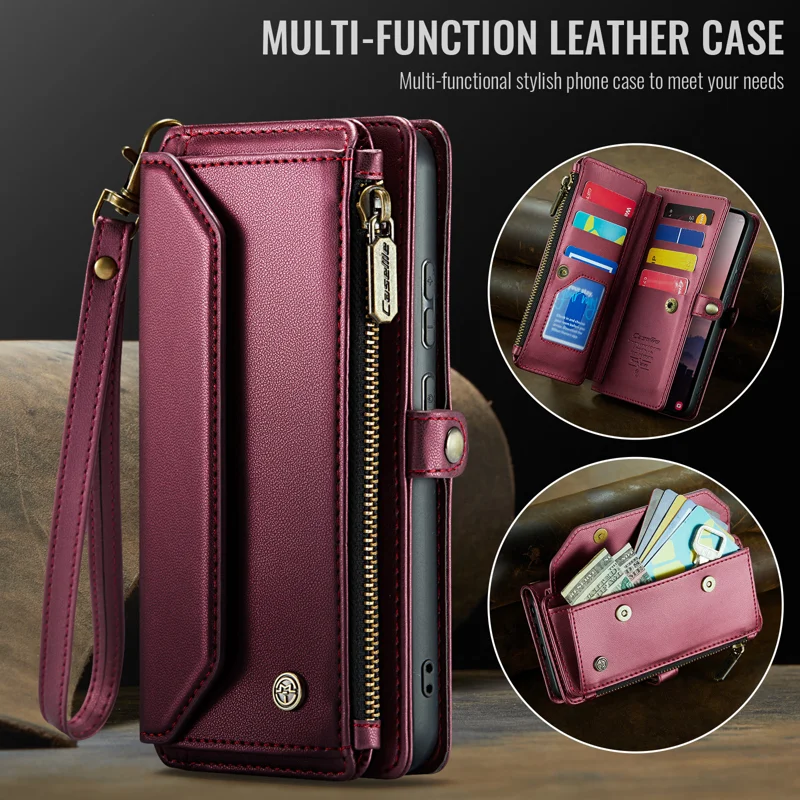 CASEME For Samsung Galaxy S26 Ultra Leather Case C36 Zipper 10 Card Slots Phone Cover with Straps - Red - 7