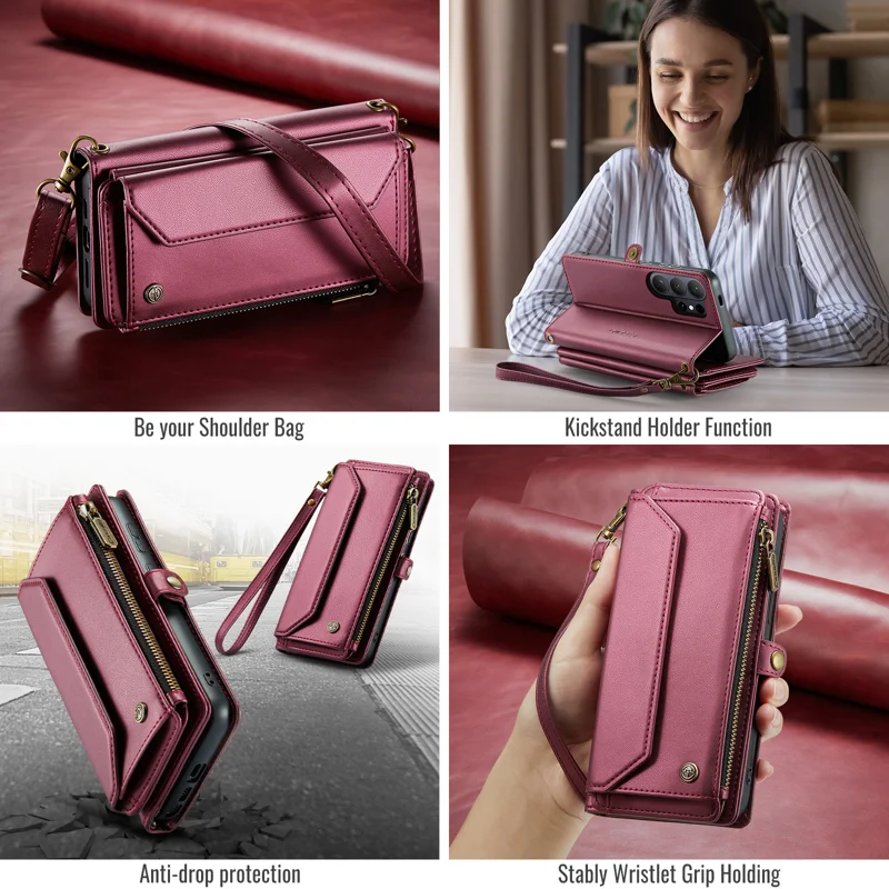 CASEME For Samsung Galaxy S26 Ultra Leather Case C36 Zipper 10 Card Slots Phone Cover with Straps - Red - 9