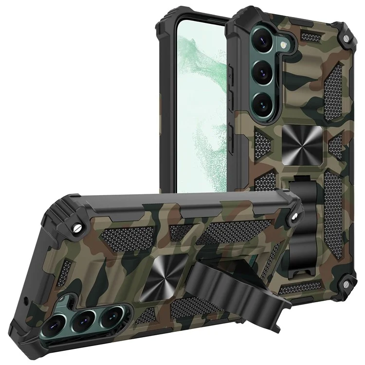 Per Samsung Galaxy S23+ Camouflage Design Military Grade Drop Protective Cover Soft TPU Hard PC Kickstand Tough Phone Case - Army Green