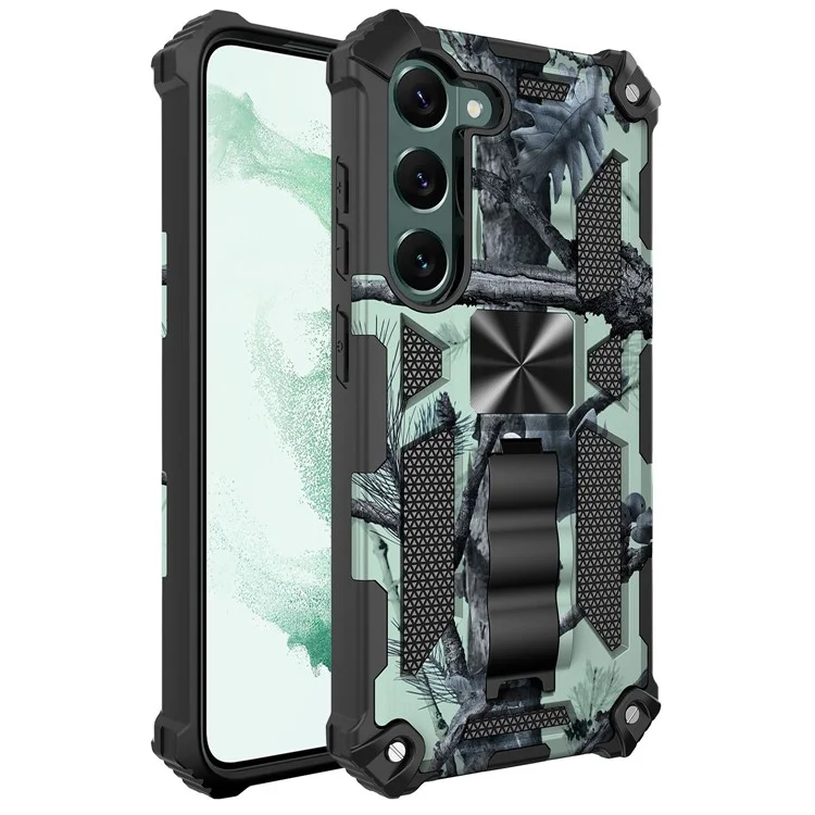 Per Samsung Galaxy S23+ Camouflage Design Military Grade Drop Protective Cover Soft TPU Hard PC Kickstand Tough Phone Case - Army Green
