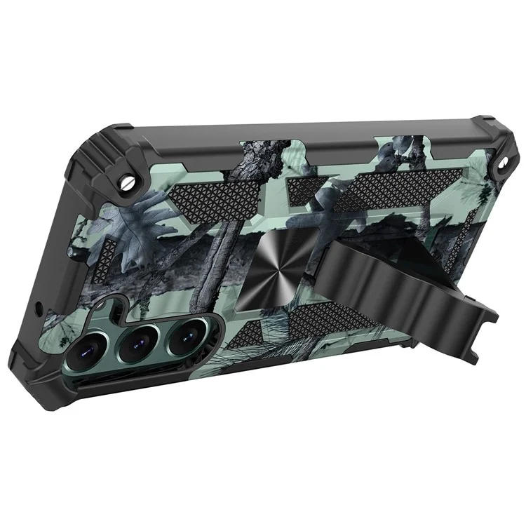 Per Samsung Galaxy S23+ Camouflage Design Military Grade Drop Protective Cover Soft TPU Hard PC Kickstand Tough Phone Case - Army Green
