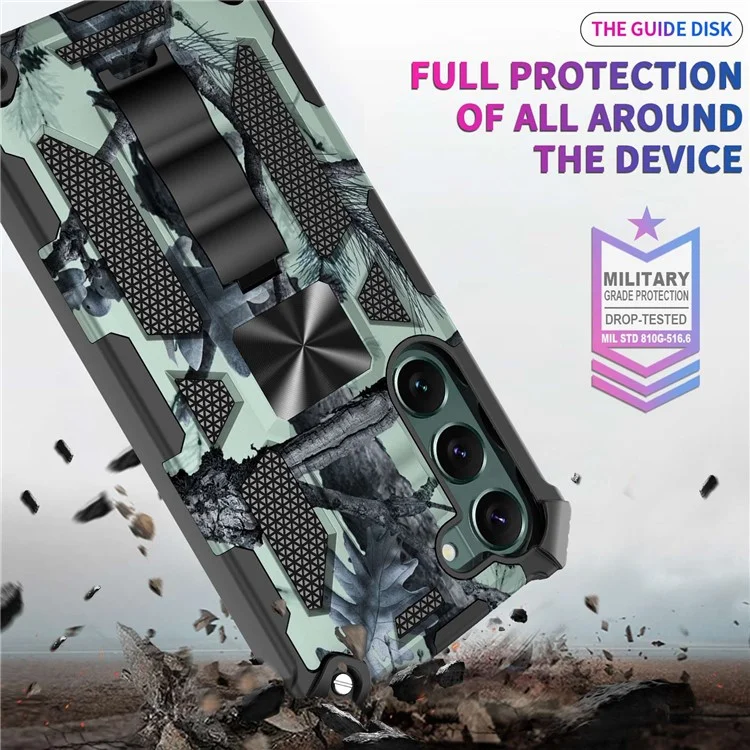 Per Samsung Galaxy S23+ Camouflage Design Military Grade Drop Protective Cover Soft TPU Hard PC Kickstand Tough Phone Case - Army Green