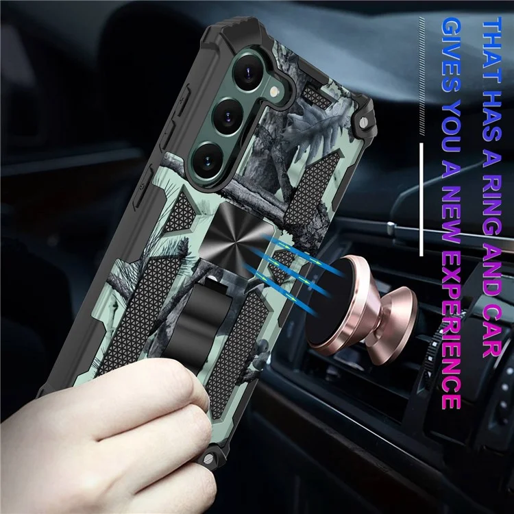 Per Samsung Galaxy S23+ Camouflage Design Military Grade Drop Protective Cover Soft TPU Hard PC Kickstand Tough Phone Case - Army Green