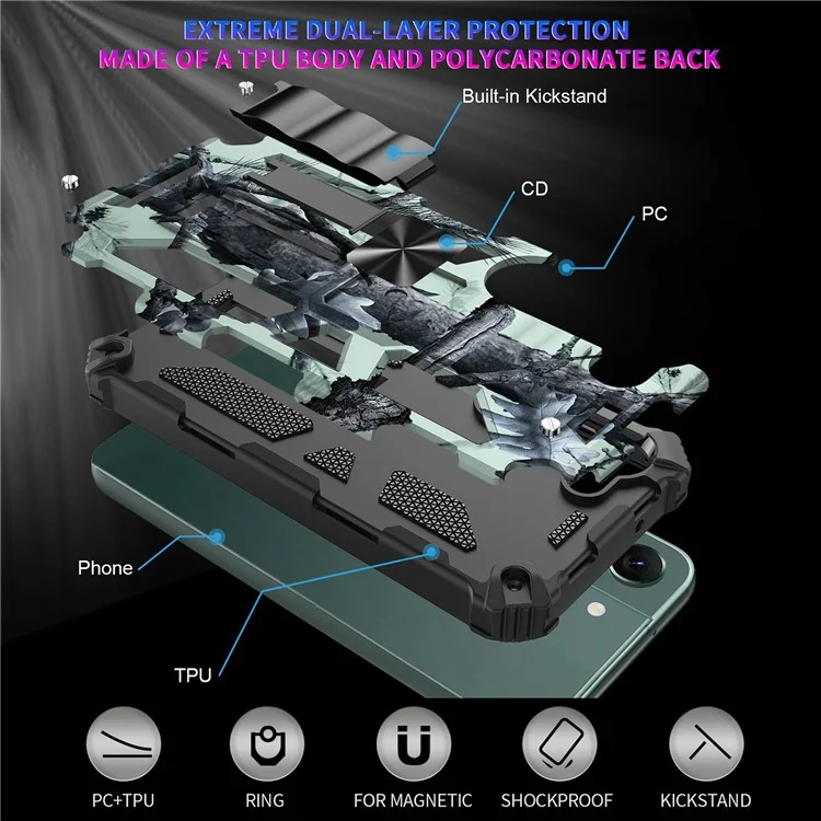 Per Samsung Galaxy S23+ Camouflage Design Military Grade Drop Protective Cover Soft TPU Hard PC Kickstand Tough Phone Case - Army Green