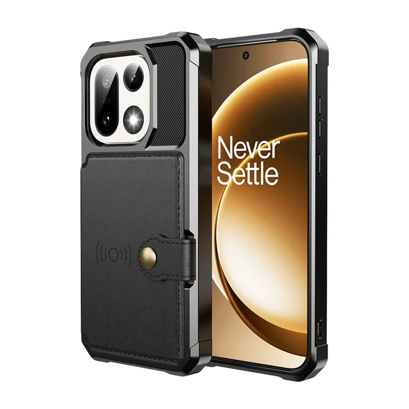 Obudowa na OnePlus 15 5G z uchwytem na kartę, tylna pokrywa z skóry PU i TPU - Czarny