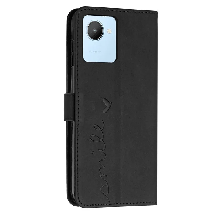 For Realme C30 4G Skin-touch Feeling Wallet Phone Case PU Leather Imprinted Heart Shape Magnetic Closure Stand Flip Cover with Shoulder Strap - Black