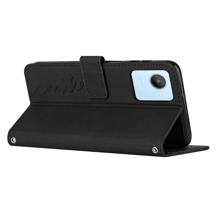 For Realme C30 4G Skin-touch Feeling Wallet Phone Case PU Leather Imprinted Heart Shape Magnetic Closure Stand Flip Cover with Shoulder Strap - Black