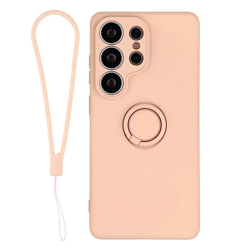 Capa de Silicone para Samsung Galaxy S26 Ultra com Anel Suporte Giratório e Alça - Rosa