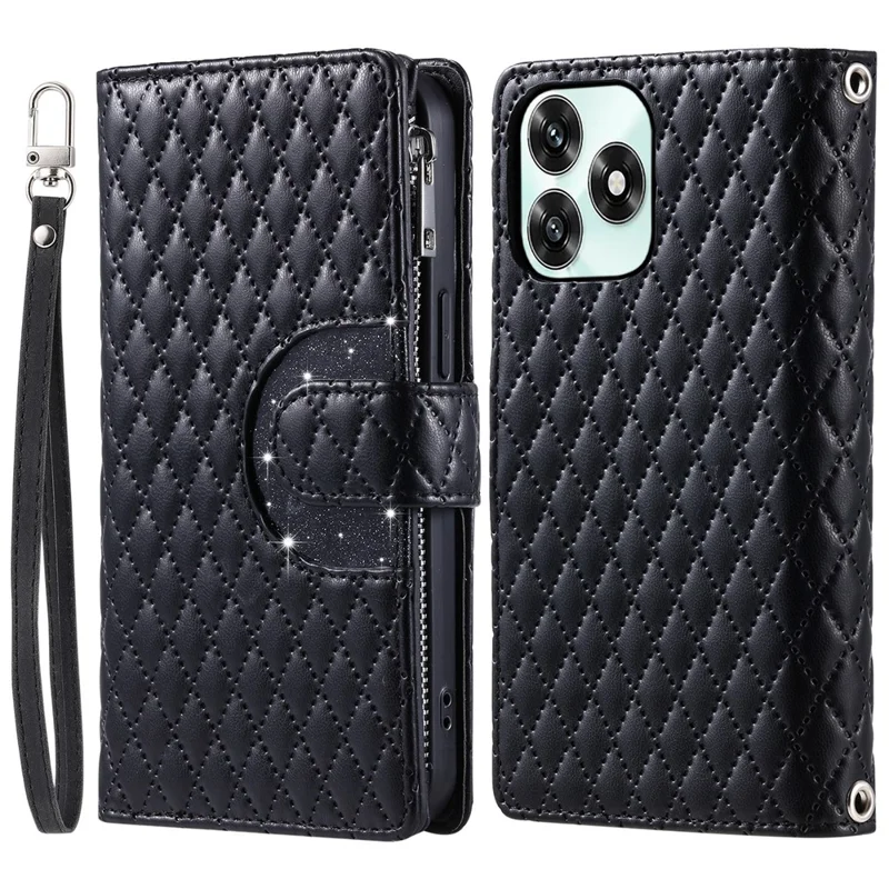 Phone Case For Honor Play10A 4G  /  X5c Plus 4G  /  X5c 4G Zipper Pocket Glitter Leather Phone Cover with Wrist Strap - Black