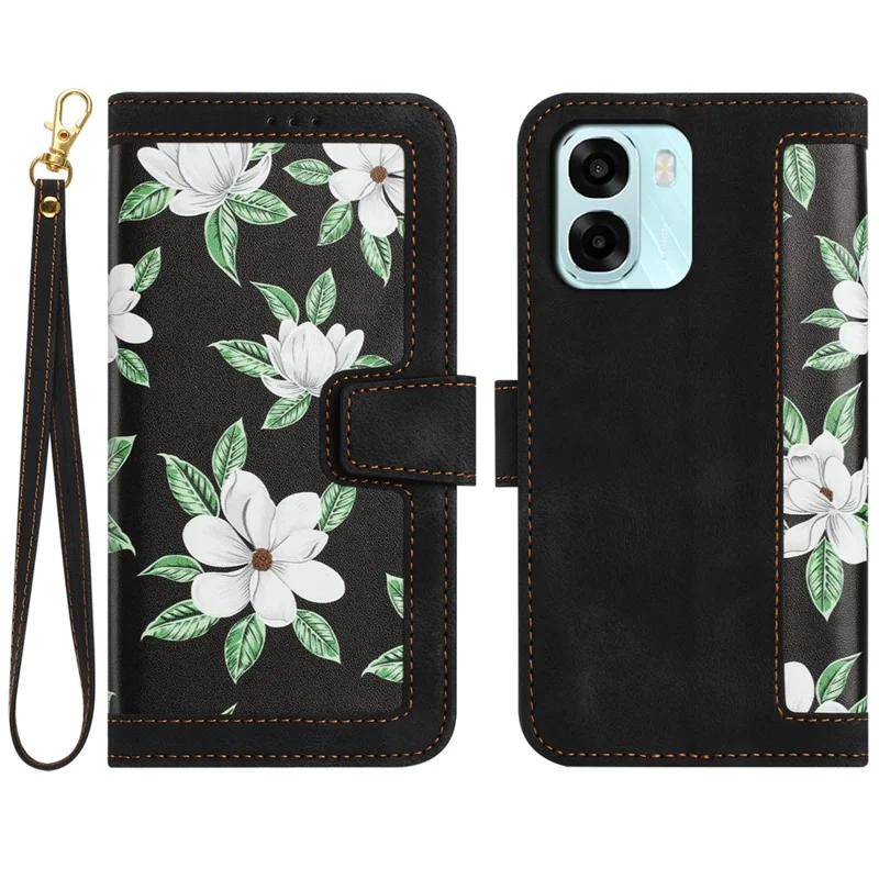 For Oppo A6x 5G Case PU Leather Floral Phone Cover with Card Slots - Black
