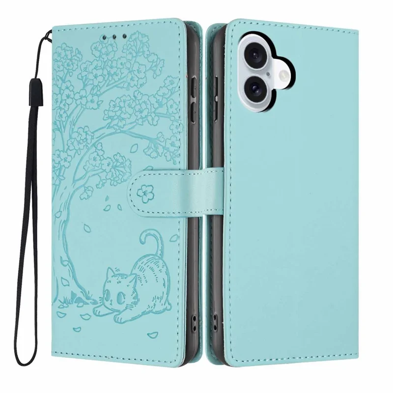 For iPhone 17 Stand Case Tree-and-Cat Pattern PU Leather Wallet Protective Phone Cover with Wrist Strap - Light Green