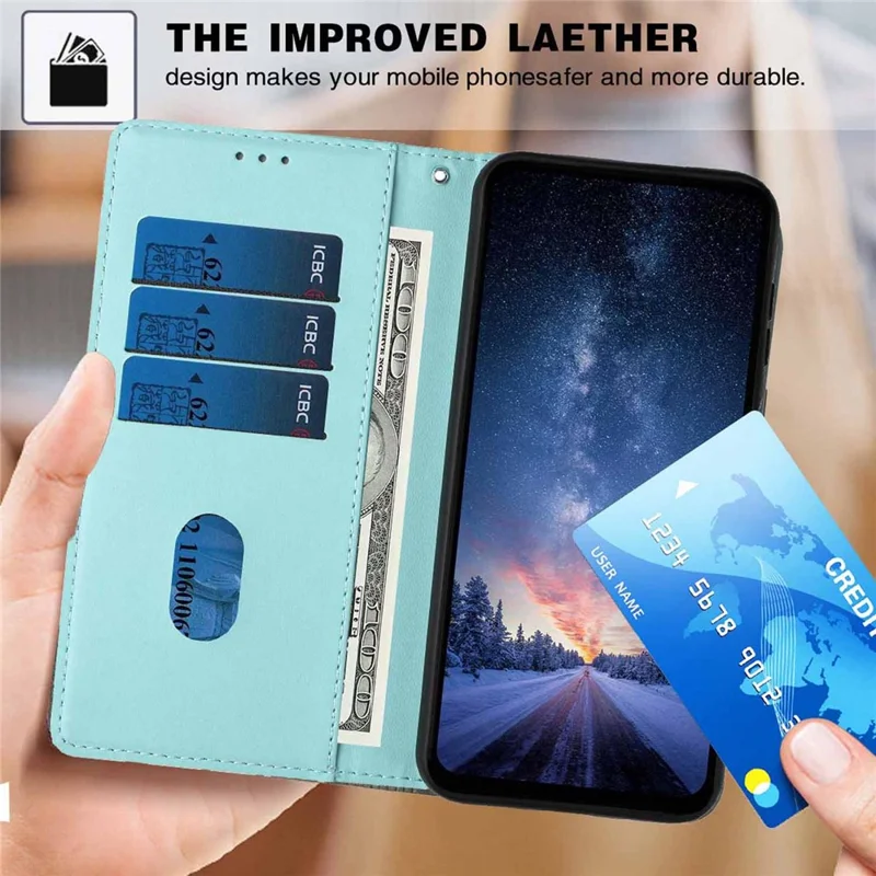 For iPhone 17 Stand Case Tree-and-Cat Pattern PU Leather Wallet Protective Phone Cover with Wrist Strap - Light Green