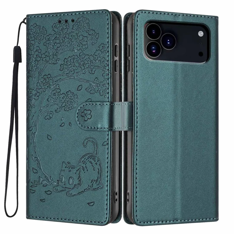 For iPhone 17 Pro Stand Case Tree-and-Cat Pattern PU Leather Wallet Protective Phone Cover with Wrist Strap - Blackish Green