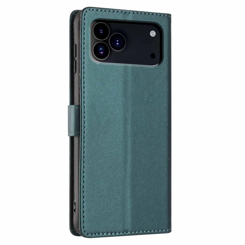 For iPhone 17 Pro Stand Case Tree-and-Cat Pattern PU Leather Wallet Protective Phone Cover with Wrist Strap - Blackish Green
