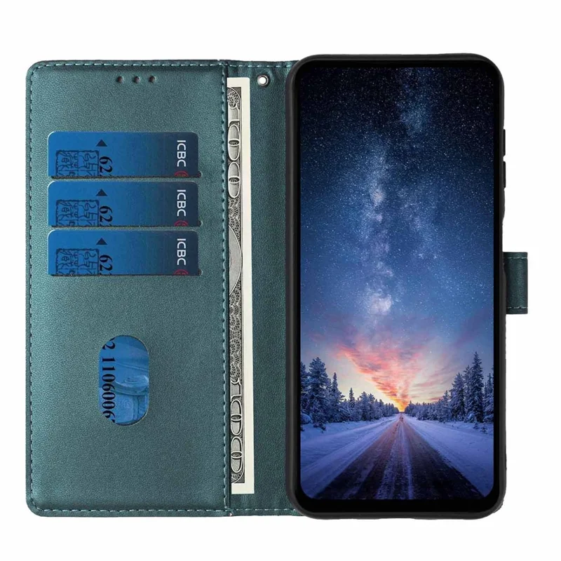 For iPhone 17 Pro Stand Case Tree-and-Cat Pattern PU Leather Wallet Protective Phone Cover with Wrist Strap - Blackish Green