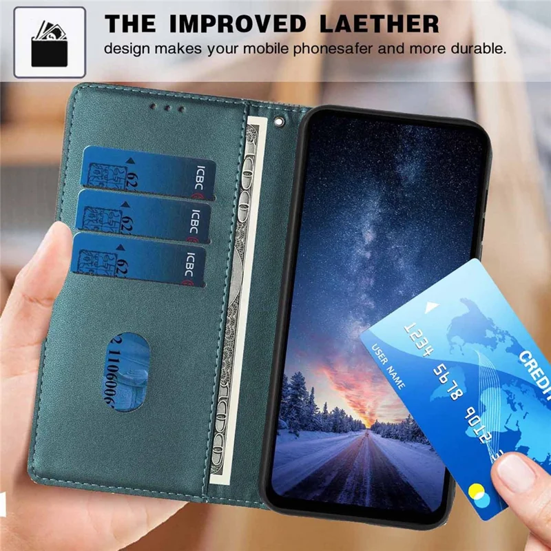 For iPhone 17 Pro Stand Case Tree-and-Cat Pattern PU Leather Wallet Protective Phone Cover with Wrist Strap - Blackish Green