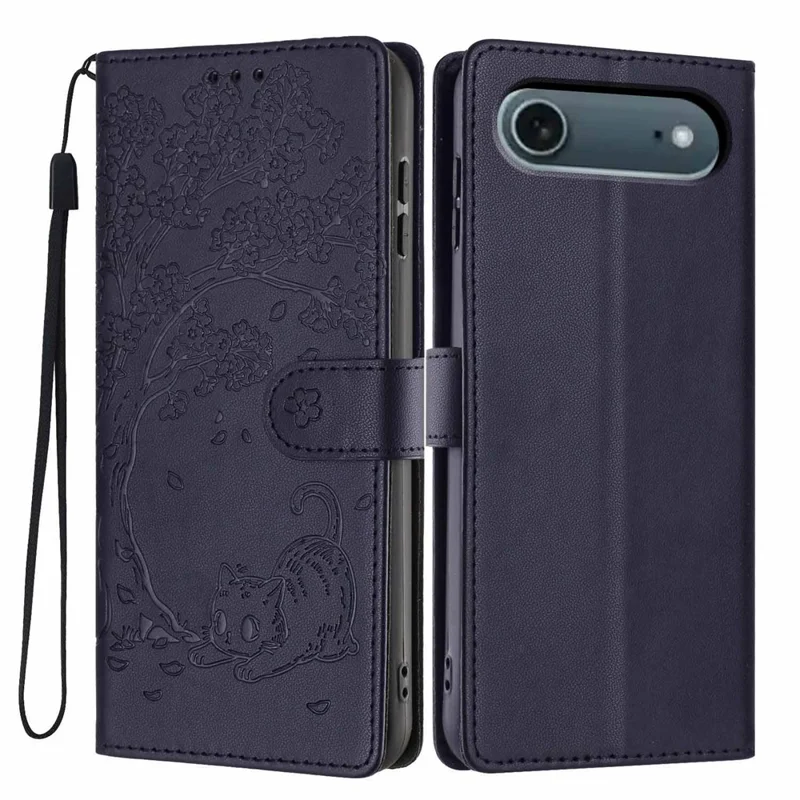For iPhone Air Stand Case Tree-and-Cat Pattern PU Leather Wallet Protective Phone Cover with Wrist Strap - Blue